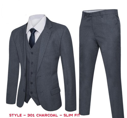 Men's Charcoal Solid Suit Slim Fit (3 PCS)
