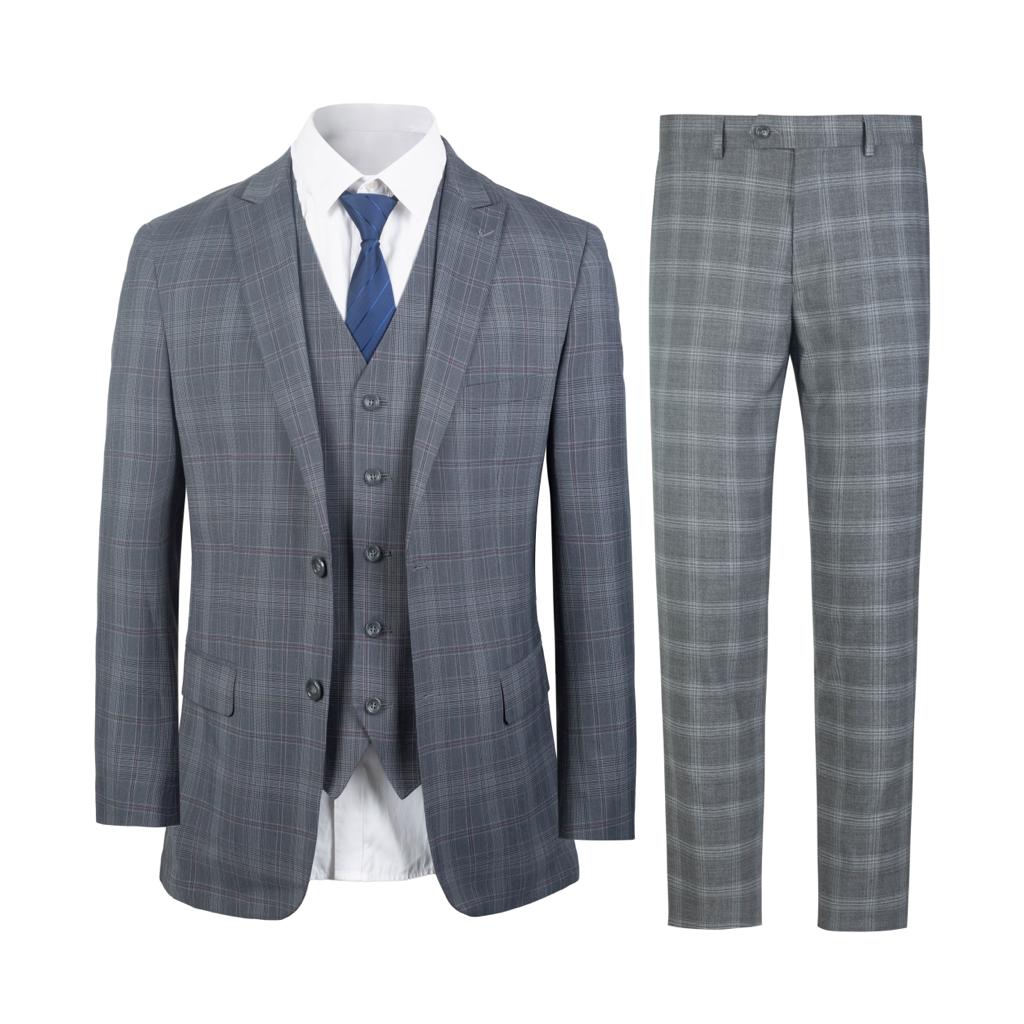 Mens Light Gray Checker Suit (3 PCS)