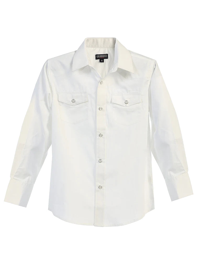 Boy's Casual Western Solid Long Sleeve Shirt with Pearl Snaps