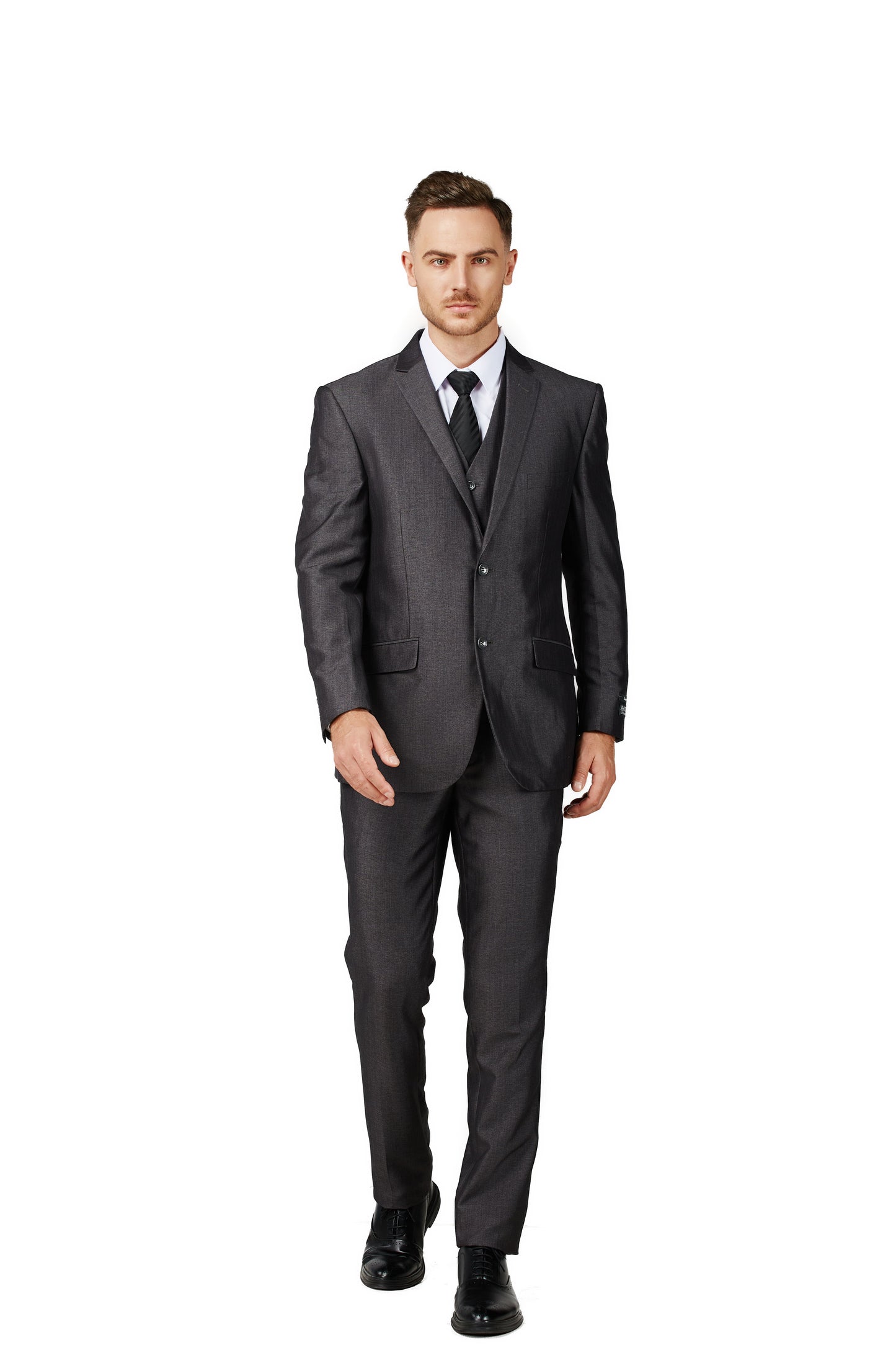 Men's Shiny Charcoal Notched Lapel Suit Slim Fit (3 PCS)