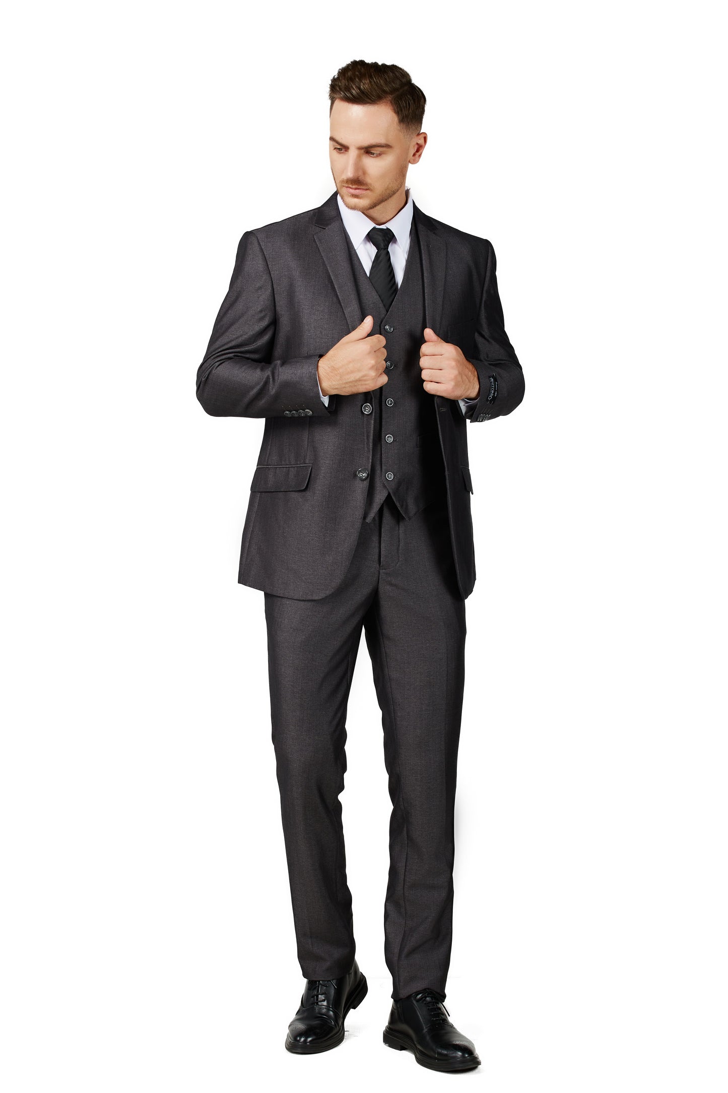 Men's Shiny Charcoal Notched Lapel Suit Slim Fit (3 PCS)