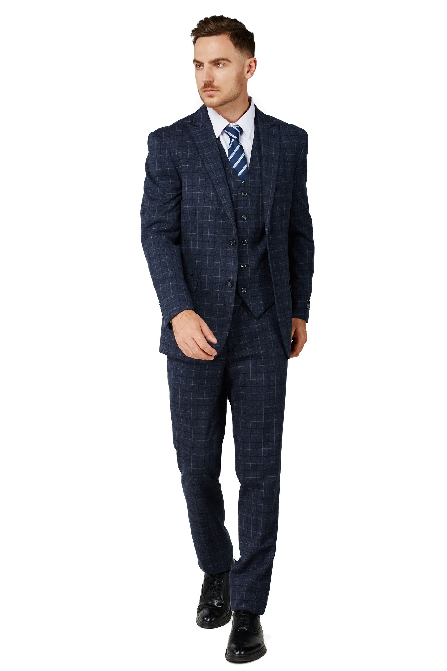 Men's Charcoal Blue Checker Notched Lapel Suit Slim Fit (3 PCS)