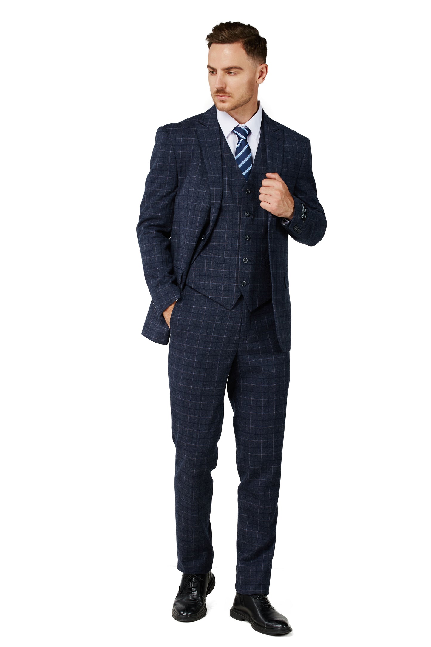 Men's Charcoal Blue Checker Notched Lapel Suit Slim Fit (3 PCS)