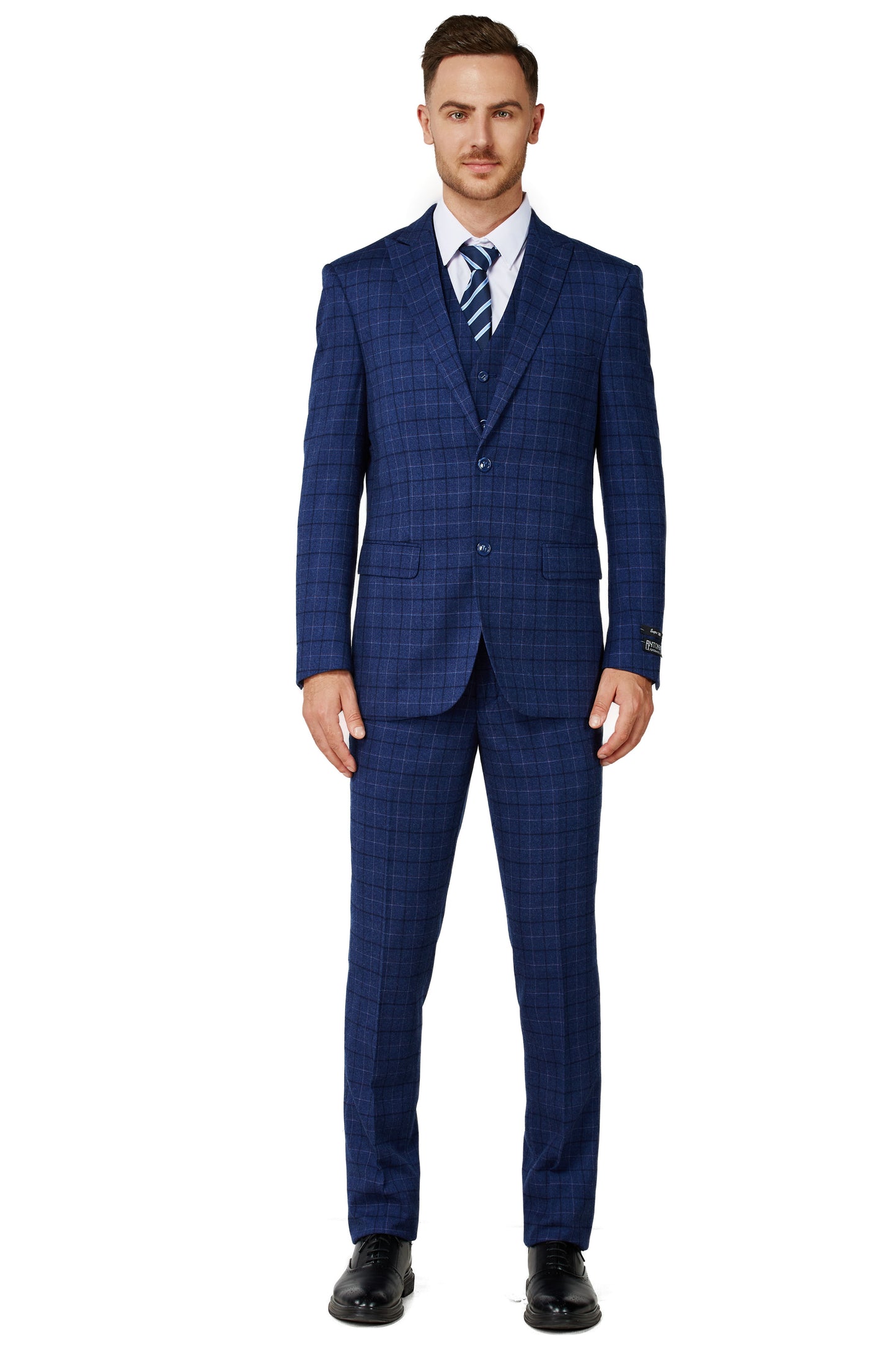 Men's Royal Blue Checker Notched Lapel Suit Slim Fit (3 PCS)