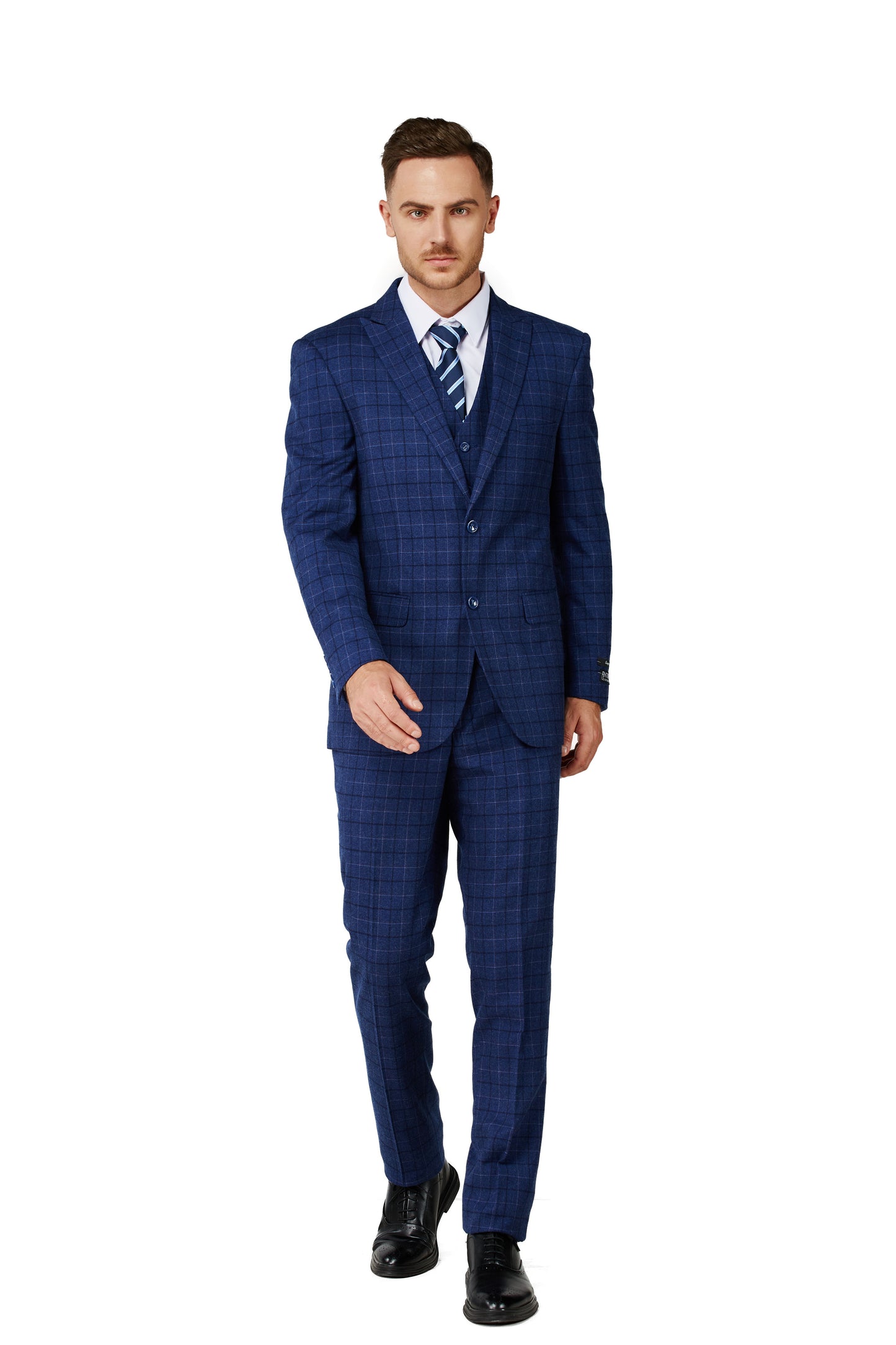 Men's Royal Blue Checker Notched Lapel Suit Slim Fit (3 PCS)
