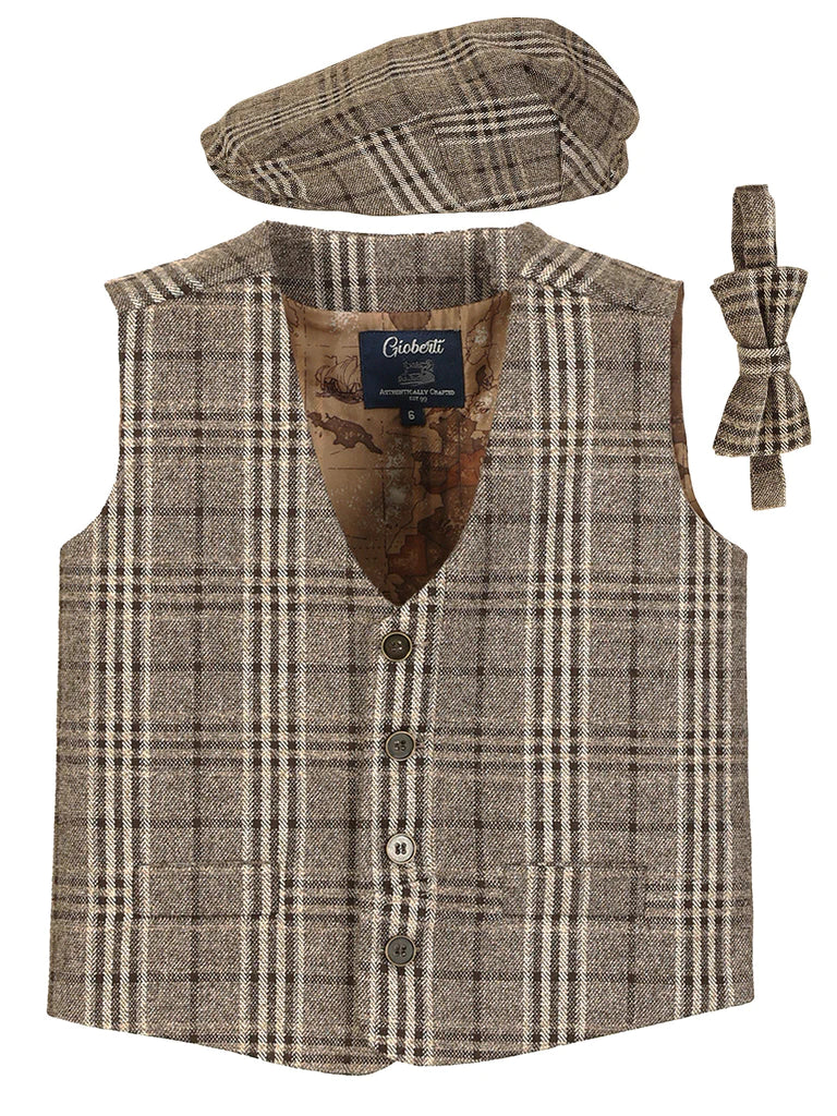 TODDLER'S, KID'S AND BOYS 3 PCS TWEED VEST, BOW TIE, AND CAP SET