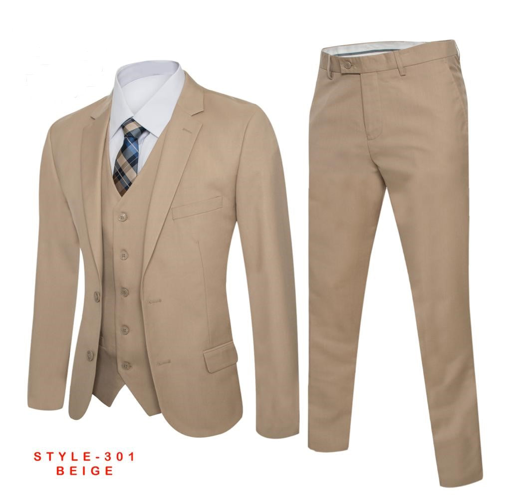 Men's Beige Solid Suit Slim Fit (3 PCS)
