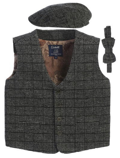 TODDLER'S, KID'S AND BOYS 3 PCS TWEED VEST, BOW TIE, AND CAP SET