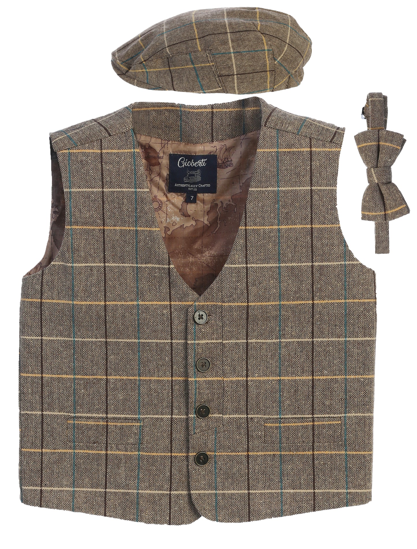 TODDLER'S, KID'S AND BOYS 3 PCS TWEED VEST, BOW TIE, AND CAP SET